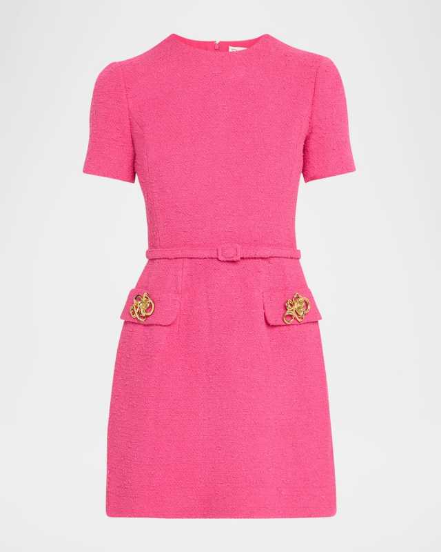 Short-Sleeve Rose-Button Tweed Mini Day Dress With Belt